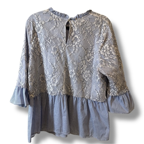 Eloquii Plus Size Blue and White Striped Blouse with Lace Overlay - Picture 2 of 8